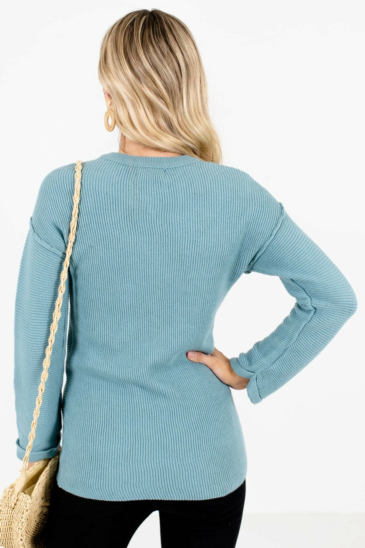 Bella Ella Boutique You Deserve It Blue Ribbed Sweater 2 Bella Ella Boutique You Deserve It Blue Ribbed Sweater - Image 2