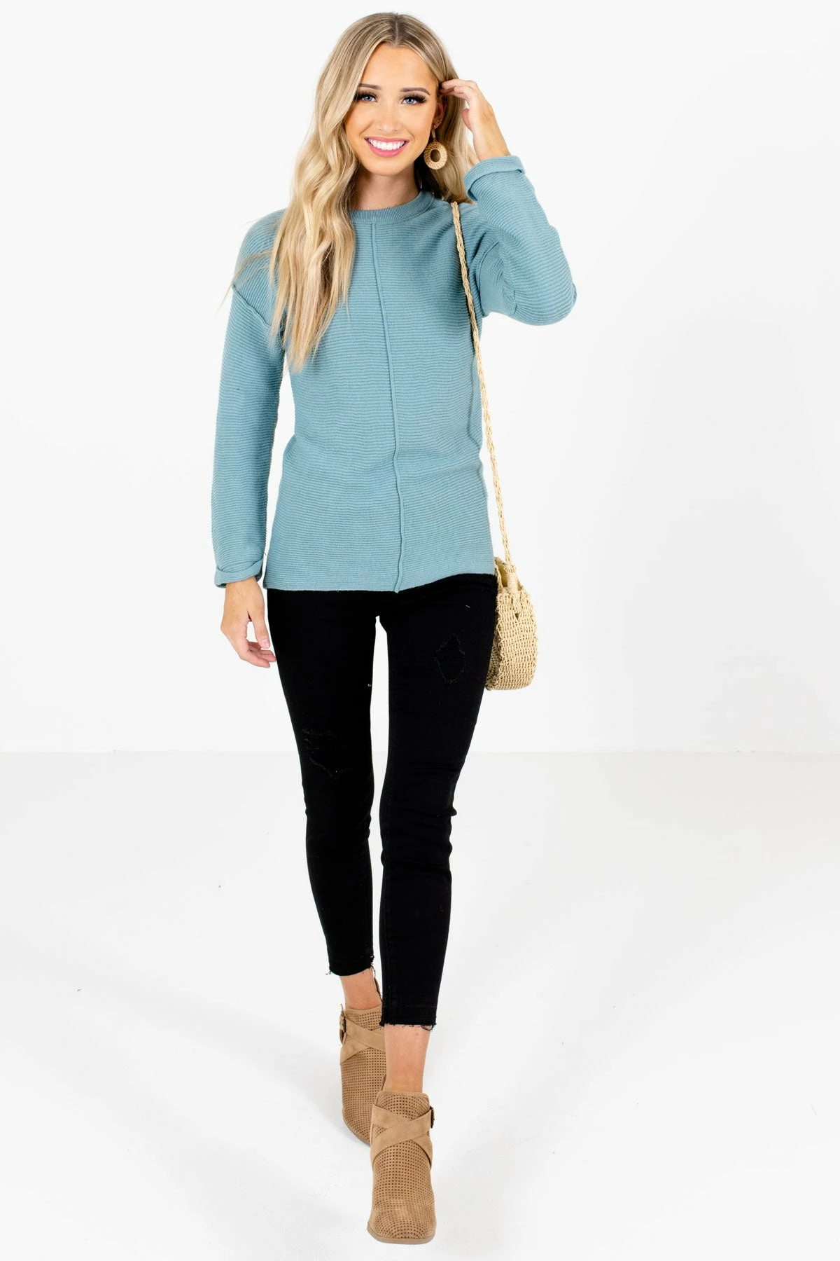 Bella Ella Boutique You Deserve It Blue Ribbed Sweater 5 Bella Ella Boutique You Deserve It Blue Ribbed Sweater - Image 5