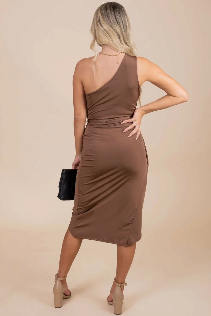 Cameo Move Forward One-Shoulder Midi Dress - Brown 4 Cameo Move Forward One-Shoulder Midi Dress - Brown - Image 4