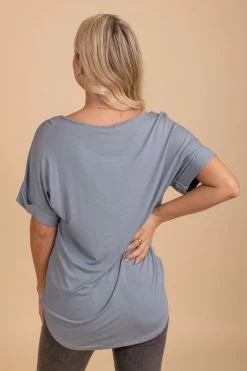 Zenana Wait For You V-Neck Top -Bella Ella Sales blue gray back 5000x
