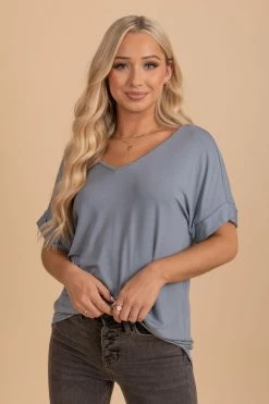 Zenana Wait For You V-Neck Top -Bella Ella Sales blue gray front 5000x