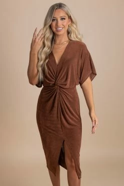 Lovely Day Dress To Impress Ruched Midi Dress -Bella Ella Sales brown main c956da18 3b74 4f53 a1d8 8fbcecc24657 5000x
