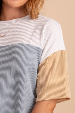 Tres Bien Casual Friday Ribbed Color Block Top -Bella Ella Sales casualfridayribbedcolorblocktoplightbluedetail 5000x
