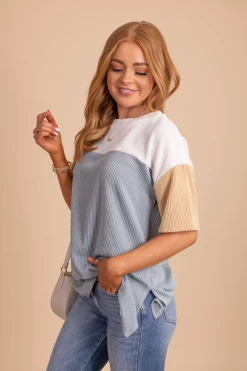 Tres Bien Casual Friday Ribbed Color Block Top -Bella Ella Sales casualfridayribbedcolorblocktoplightblueside 5000x