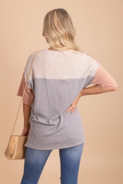 Tres Bien Casual Friday Ribbed Color Block Top -Bella Ella Sales casualfridayribbedcolorblocktoplightbrownback 5000x