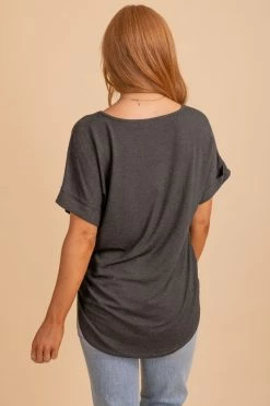 Zenana Wait For You V-Neck Top -Bella Ella Sales charcoal top back 5000x