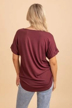 Zenana Wait For You V-Neck Top -Bella Ella Sales dark burgundy back 5000x