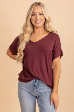 Zenana Wait For You V-Neck Top -Bella Ella Sales dark burgundy front 5000x
