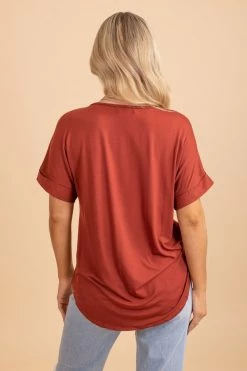 Zenana Wait For You V-Neck Top -Bella Ella Sales dark rust back 5000x