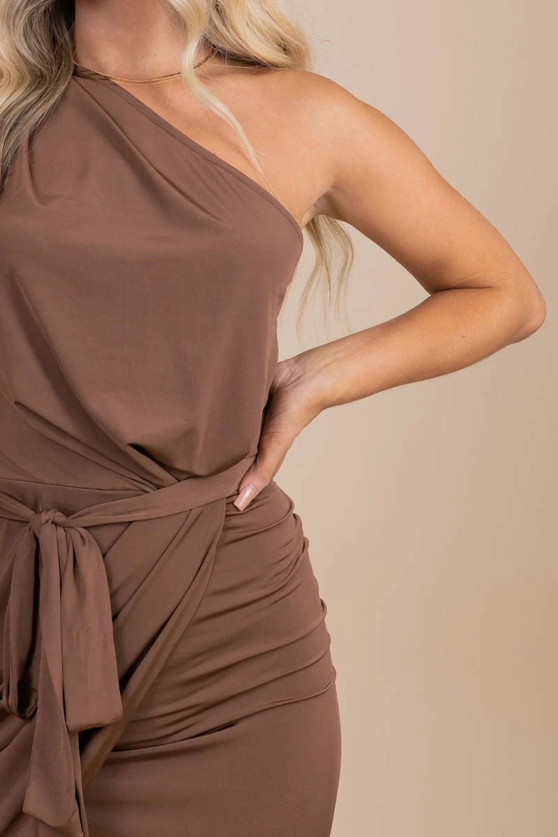 Cameo Move Forward One-Shoulder Midi Dress - Brown 3 Cameo Move Forward One-Shoulder Midi Dress - Brown - Image 3
