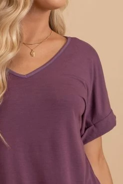 Zenana Wait For You V-Neck Top -Bella Ella Sales eggplant top detail 5000x