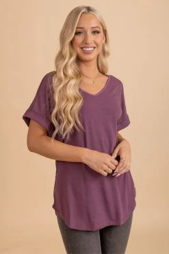 Zenana Wait For You V-Neck Top -Bella Ella Sales eggplant top front 5000x