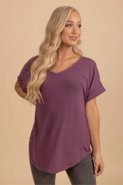 Zenana Wait For You V-Neck Top -Bella Ella Sales eggplant top 5000x