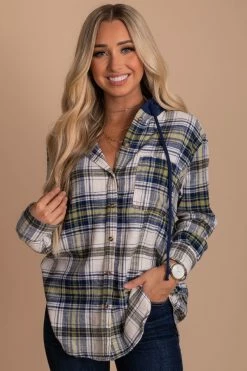 Love Tree / Style Melody Shaded Twilight Plaid Hooded Top - Dark Blue