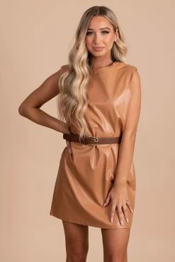 Le Lis Be Fearless Faux Leather Mini Dress - Light Brown -Bella Ella Sales front a5db5ec4 3ddc 4b6a 9257 8d4393863c2f 5000x