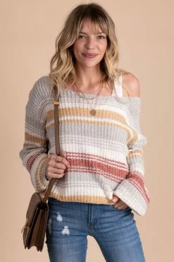 Eesome Never Too Late Striped Long Sleeve Sweater - Gray