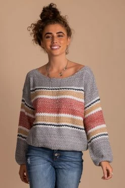 Eesome Hello Autumn Striped Knit Sweater -Bella Ella Sales gray front c95b2a6f 3633 43f6 8149 6973d6ebbe53 5000x