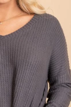 Zenana Spiced Cider V-Neck Waffle Top 47 Zenana Spiced Cider V-Neck Waffle Top -Bella Ella Sales gray sweater detail 5000x