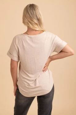 Zenana Wait For You V-Neck Top -Bella Ella Sales heather beige back 5000x