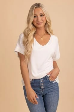 Zenana Wait For You V-Neck Top -Bella Ella Sales ivory top front 5000x