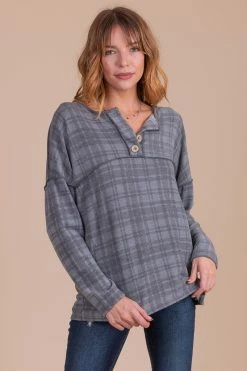 Haptics Midnight Sky Long Sleeve Plaid Top - Dark Gray