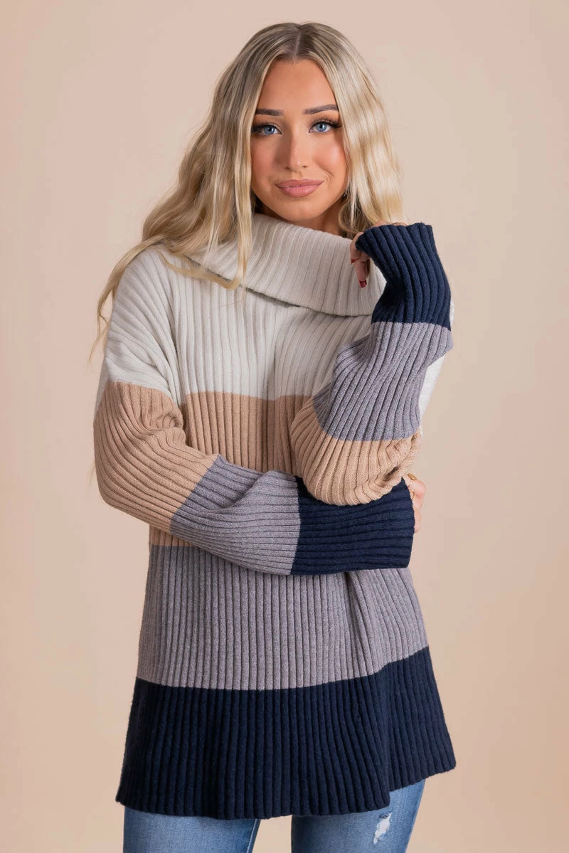 Wholesale Fashion Trends Me Plus You Striped Cowl Neck Sweater - Gray 1 Wholesale Fashion Trends Me Plus You Striped Cowl Neck Sweater - Gray