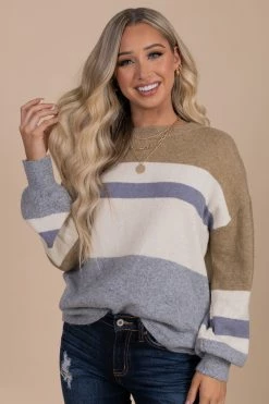 Be Cool Off The Record Striped Pullover Sweater - Gray