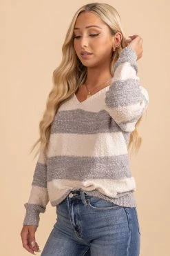 Almost Nothing Cozy Retreat Striped V-Neck Sweater -Bella Ella Sales oatmeal 7 495c56b1 2709 4970 8efb 128051c205df 5000x